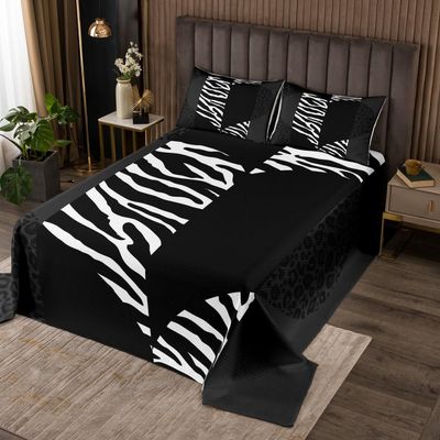 Leopard Zebra Skin Bedspread,Black White Geometric Striped Patchwork Love Bedding Set for Girls Women Adult Room Decor,Wild Animal Fur Comforter Set Romantic Couple Coverlet Quilt Queen Size