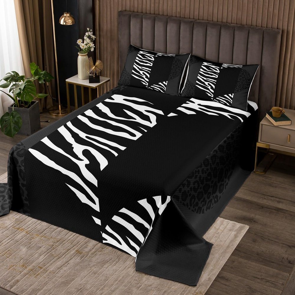 Leopard Zebra Skin Bedspread,Black White Geometric Striped Patchwork Love Bedding Set for Girls Women Adult Room Decor,Wild Animal Fur Comforter Set Romantic Couple Coverlet Quilt Queen Size