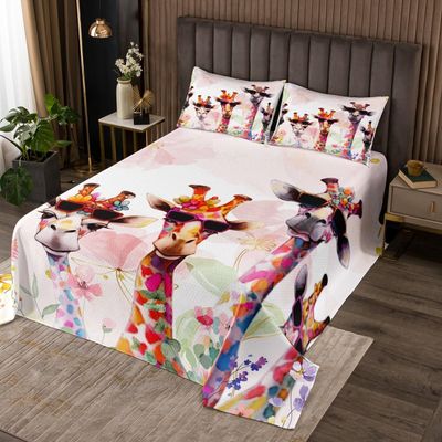 Retro Art Giraffe Bedspread Queen Size,Africa Wild Animals Bedding Set,Watercolor Flower Botanical Comforter Set for Kids Girls Boys Adult Room Decor,Pink Marbling Coverlet Quilt,2 Pillowcases