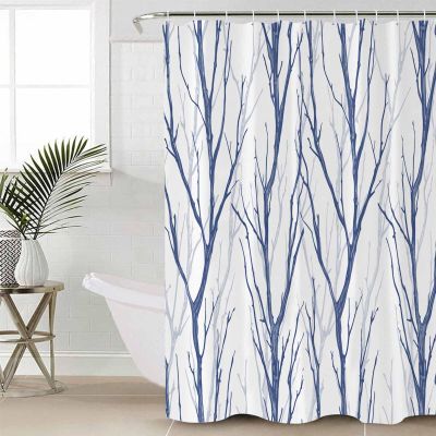 ZOE STORE Shower Curtains for Bathroom Accessories, Blue Branches Polyester Fabric Bathtub Curtain with 12 Hooks, Contemporary Abstract Silhouette Waterproof Shower Curtains 54 x 78 Inches