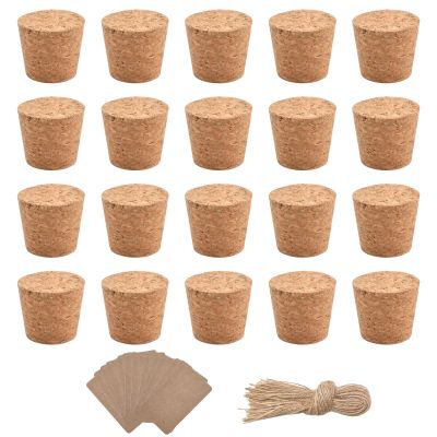 INCREWAY Natural Soft Wood Corks, 20PCS Tapered Cork Plugs Stoppers for Wine and Beer Bottles with Bottle Ornamental Hangtag and Twine