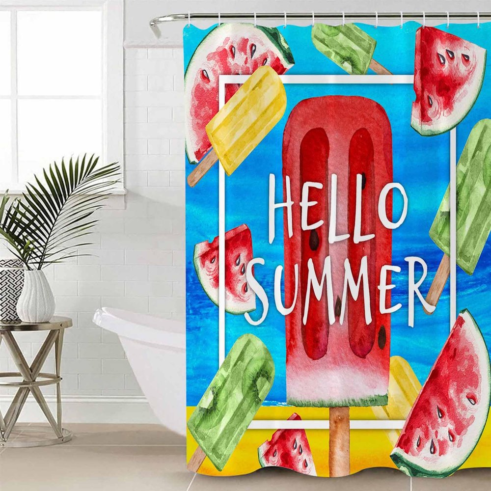 ZOE STORE Shower Curtains for Bathroom Accessories, Hello Summer Polyester Fabric Bathtub Curtain with 12 Hooks, Watermelon Ice Cream Red Blue Yellow Green Waterproof Shower Curtains 36 x 72 Inches