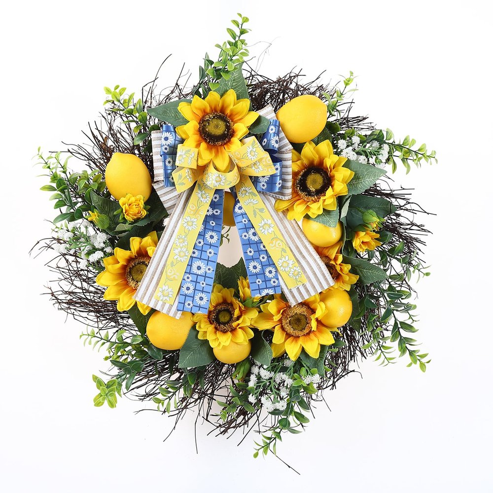 Gyabnw Lemon Wreath - Artificial Floral Front Door Decor, Large Spring Wreath with Sunflower & Lemon Accents