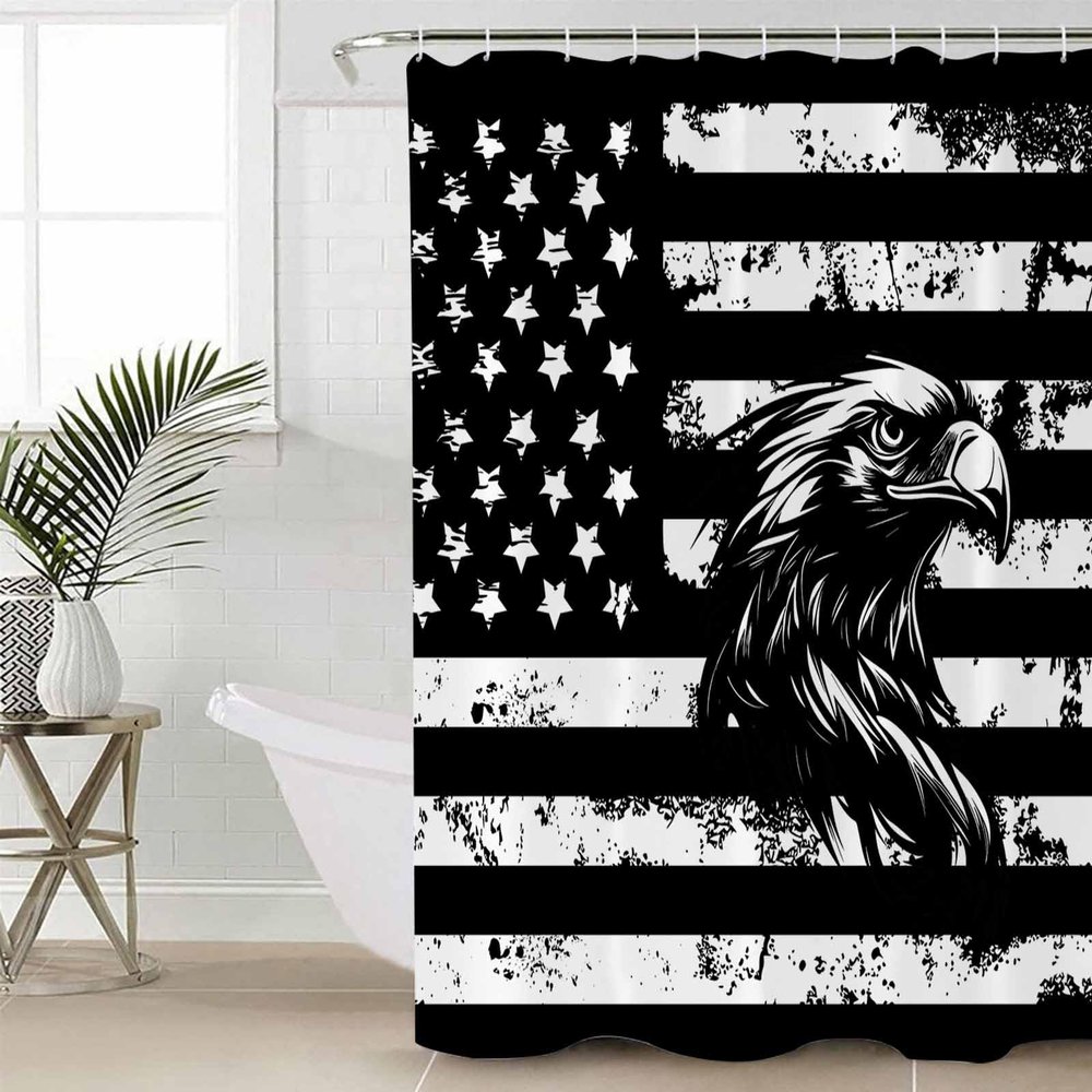 ZOE STORE Shower Curtains for Bathroom Accessories, Black Eagle 4th of July Polyester Fabric Bathtub Curtain with 12 Hooks, Independence Day American Flag Waterproof Shower Curtains 72 x 78 Inches
