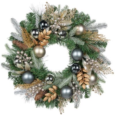 24 inch Christmas Door Wreath, Holiday Wreaths for Front Door with Silver Ball Glittered Leaf Spray Stems Pinecones Berries for Fireplace Xmas Decorations, Wall Window Indoor Outdoor Decor