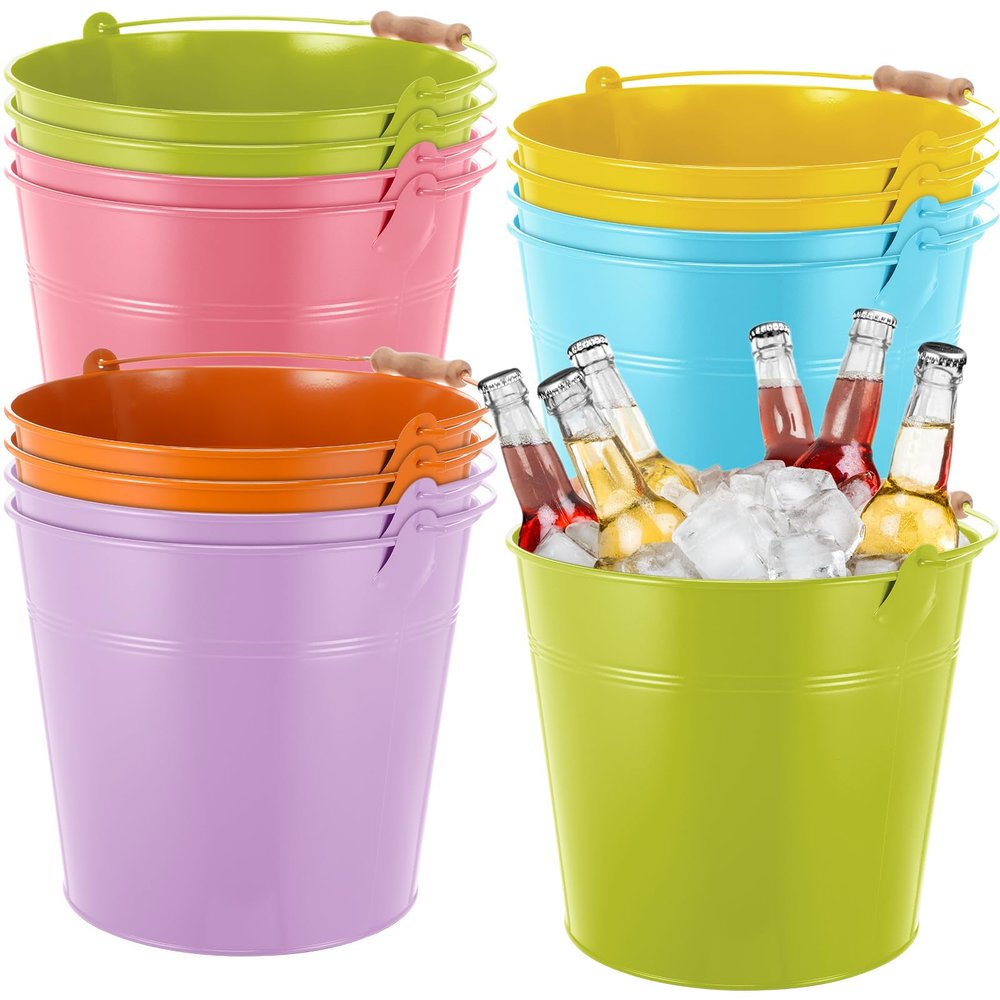 Didaey 12 Pcs 9 Quart Large Galvanized Metal Buckets with Handle Inch Heavy Duty Stainless Steel Pails Round Pail for Party Wedding, Crafts, Utensils, Table Centerpieces (Multicolor)