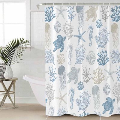 ZOE STORE Shower Curtains for Bathroom Accessories, Blue Coastal Polyester Fabric Bathtub Curtain with 12 Hooks, Nautical Summer Beach Coral Sea Turtle Waterproof Shower Curtains 72 x 84 Inches