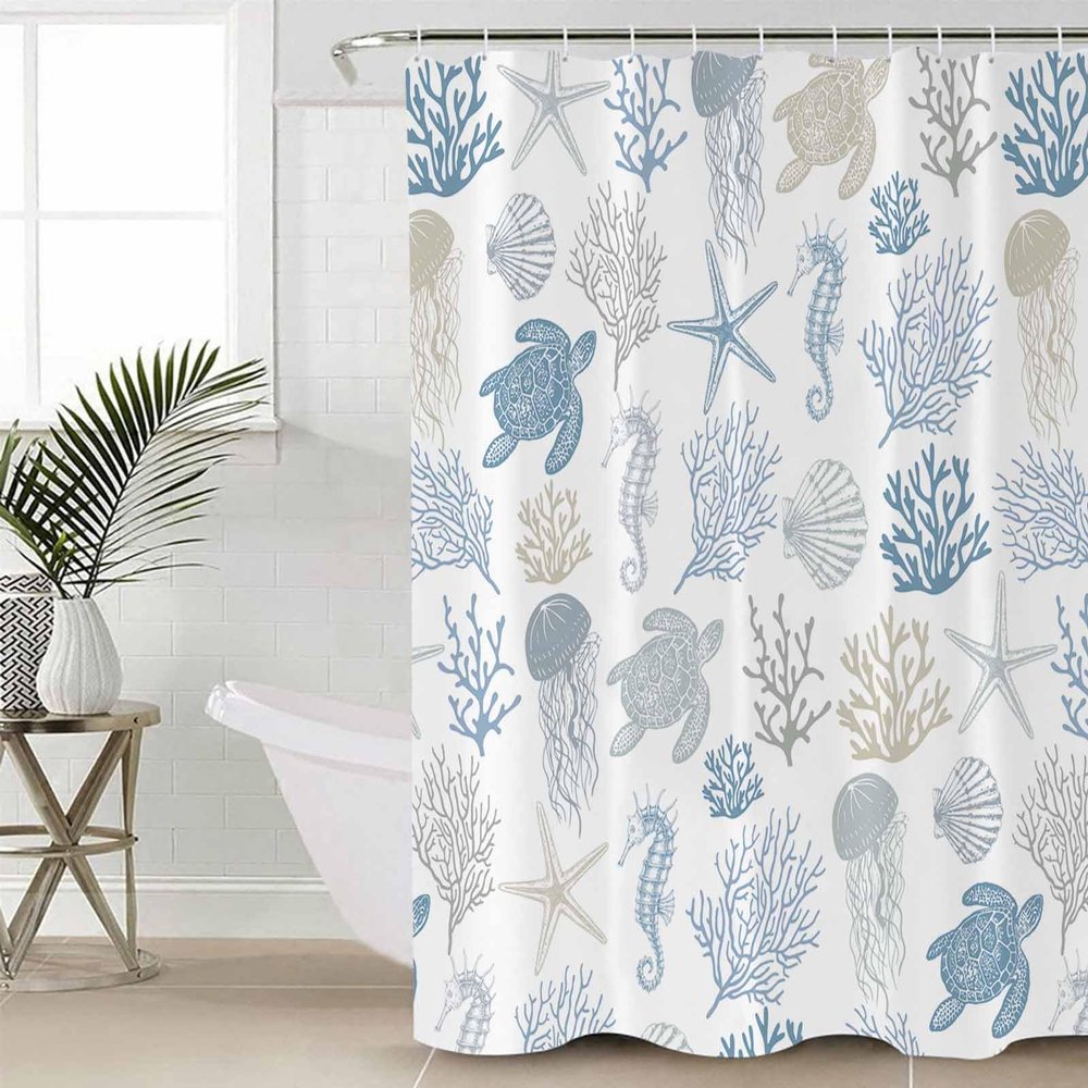 ZOE STORE Shower Curtains for Bathroom Accessories, Blue Coastal Polyester Fabric Bathtub Curtain with 12 Hooks, Nautical Summer Beach Coral Sea Turtle Waterproof Shower Curtains 72 x 84 Inches