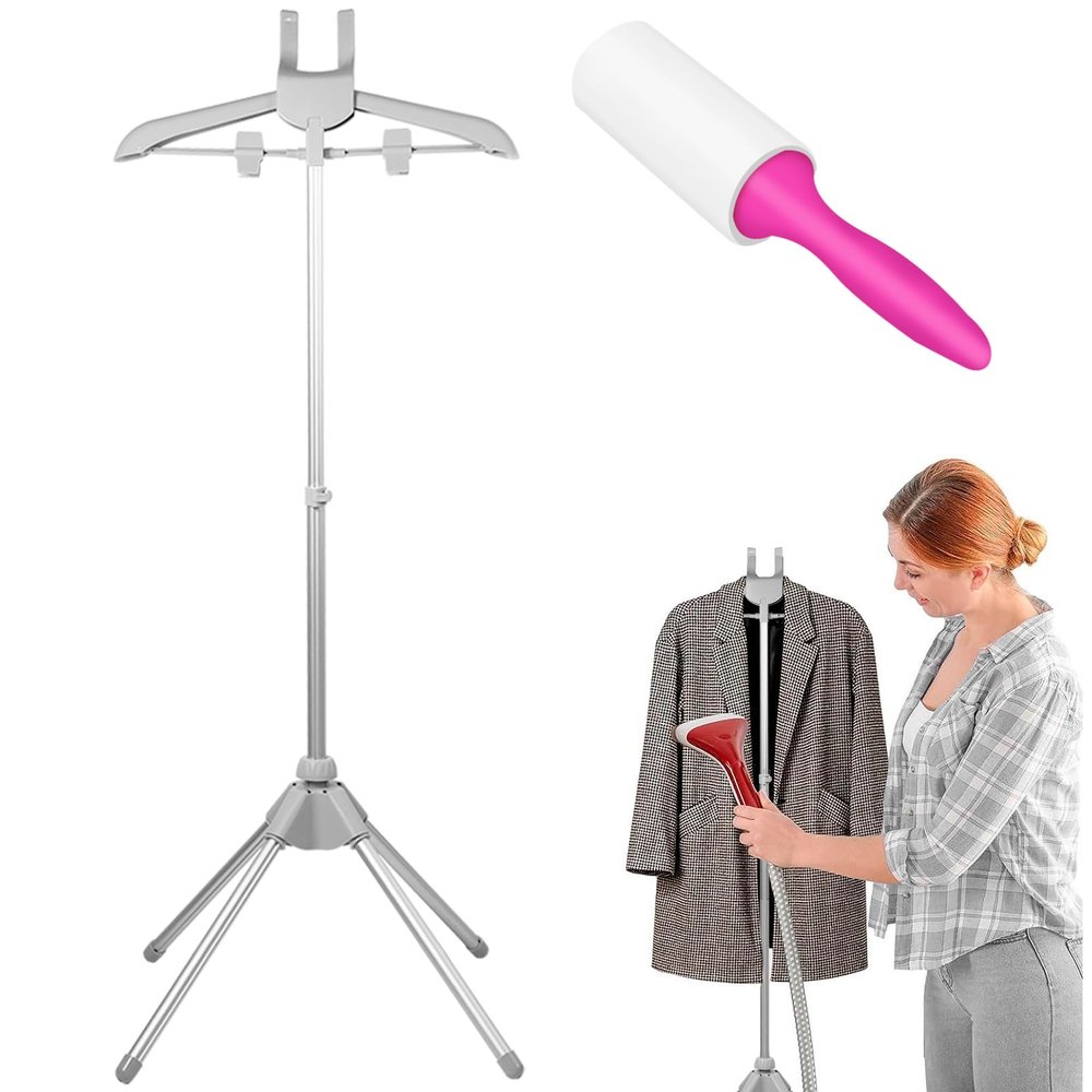 DJAPWPX Steamer Stand Telescopic Garment Steamer Rack Height Adjustable Clothes Steamer Holder Foldable Standing Garment Hanger with Non Slip Mat for Home Steam Ironing (Gray)