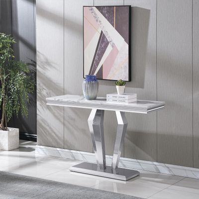 47 Inch White Marble Console Table w/Diamond Stainless Steel Base Mid-Century Modern Entryway Table for Living Room Hallway Luxury Foyer Table Sofa Table witn High Glossy Finish