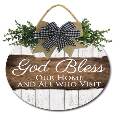 FemiaD God Bless This Home and All Who Enter Sign for Front Door Funny Wreaths Hanging Wooden Plaque Decoration Round Rustic Wood Farmhouse Porch Decor for Home Front Door Decor 11inch
