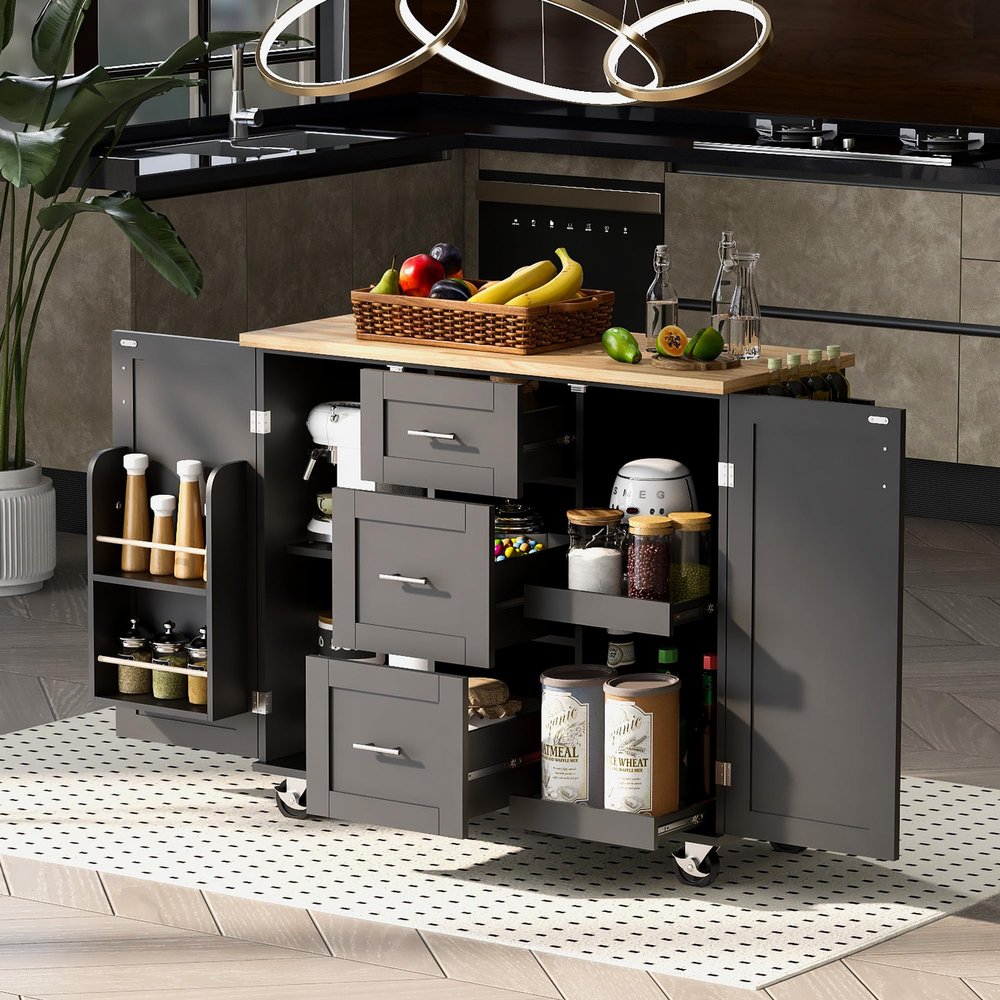 Rolling Mobile Kitchen Island Cart Cabinet with Door Internal Storage Rack, 3 Drawers and 2 Slide-Out Shelves for Dining Room