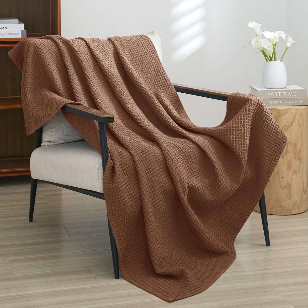PHF Pre-Washed Cotton Waffle Weave Blanket Throw Size for Couch Bed,Snag Proof Spring Summer Lightweight Breathable,Oeko-TEX Certified,Machine Washable, Home Decor GiftCappuccino