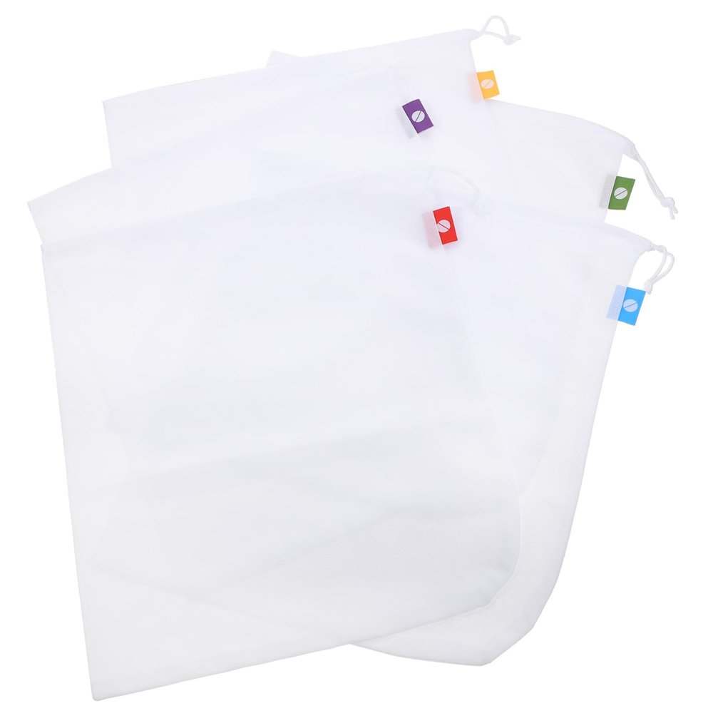 COLLBATH Reusable Mesh Produce Bags 5 Pack Drawstring Vegetable Fruit Storage Mesh Bags White Kitchen Organizer