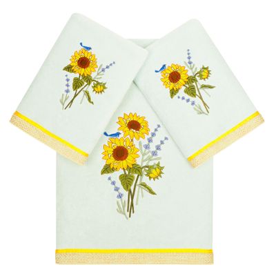 KHALPERA Jubilant 3-Piece Towel Set, Embroidered Sunflower & Lavender, 100% Turkish Cotton, Super Absorbent, Country Charm Decor, 1 Bath 2 Hand Towels, Aqua