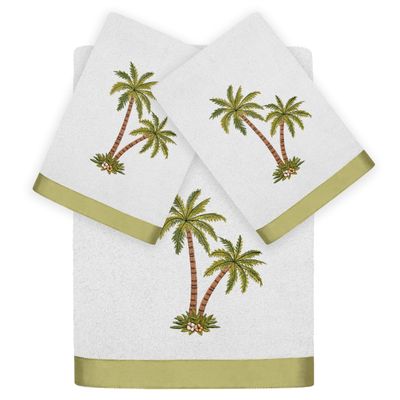 KHALPERA Flourish 3-Piece Towel Set, Embroidered Palm Tree Design, 100% Turkish Cotton, Super Absorbent & Luxurious, Tropical Bathroom Decor, 1 Bath 2 Hand Towels, Silver