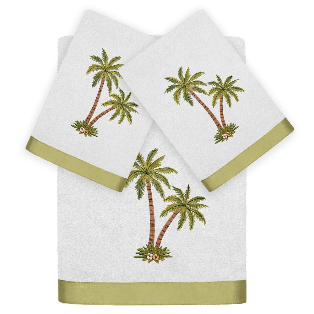 KHALPERA Flourish 3-Piece Towel Set, Embroidered Palm Tree Design, 100% Turkish Cotton, Super Absorbent & Luxurious, Tropical Bathroom Decor, 1 Bath 2 Hand Towels, Silver