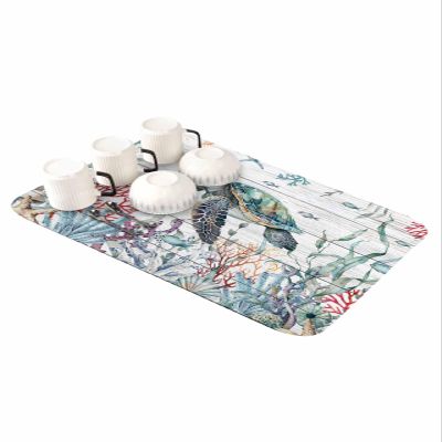 Coastal Blue Turtle Dish Drying Mat for Kitchen Counter, Super Absorbent Quick Dry Coffee Bar Mat Pad Thin Diatomaceous Sink Mat, Sea Ocean Coral Jellyfish Non Slip Dish Drainer Mat 16''x24''