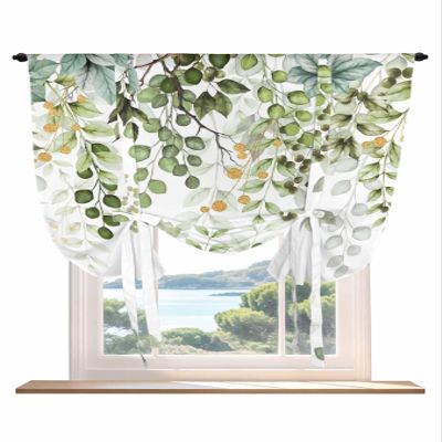 Sage Green Leaves Tie Up Curtains for Kitchen Bathroom Bedroom Windows 63 Inch Length, Balloon Drape Curtains Shade Rod Pocket Drapery Curtain 1 Panel, 52"x63" Spring Eucalyptus Gold Watercolor