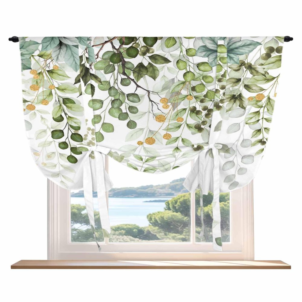 Sage Green Leaves Tie Up Curtains for Kitchen Bathroom Bedroom Windows 63 Inch Length, Balloon Drape Curtains Shade Rod Pocket Drapery Curtain 1 Panel, 52"x63" Spring Eucalyptus Gold Watercolor