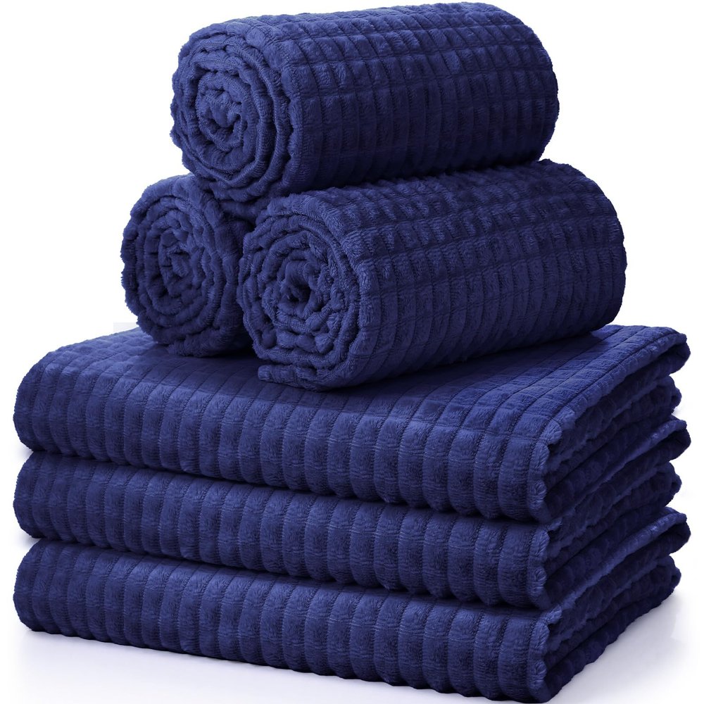 Buryeah 6 Pcs Flannel Fleece Throw Blanket Bulk 50 x 60 Inch Wedding Throw Blanket 3D Jacquard Grid Design Soft for Couch Sofa Chair Donation Homeless Gift (Blue)