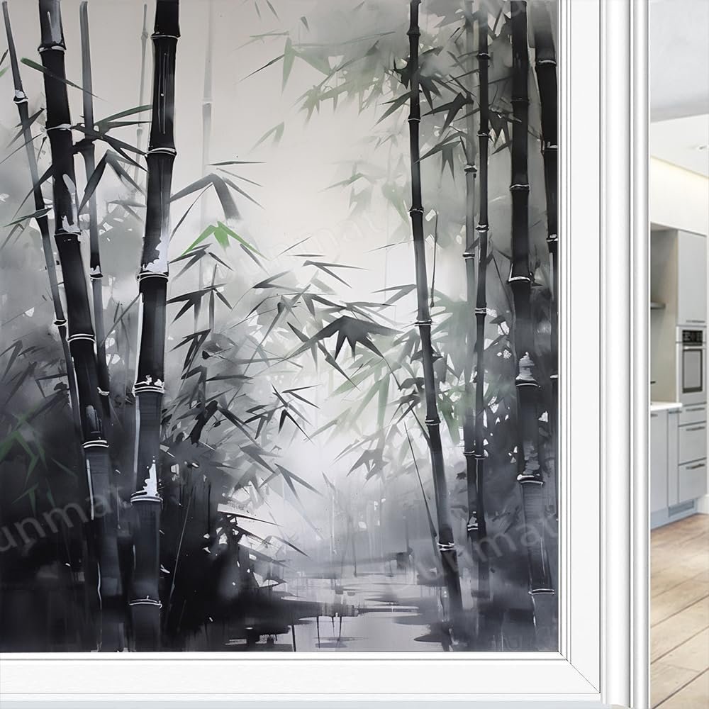 Dunmat Modern Bamboo Stained Glass Window Film Abstract Plants Nature Forest Privacy Window Film Glass Door Covering Self-Adhesive Window Stickers for Bathroom Kitchen 31.5Wx47.2L inch