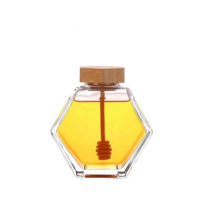 HomeLoft Basics Honey Pot Jars, Glass Honey Pot with Wooden Dipper and Cork Lid, Hexagon Shape Honey Container Dispenser Storage for Home, Kitchen(100ml), AM0XDM0AH5XUS