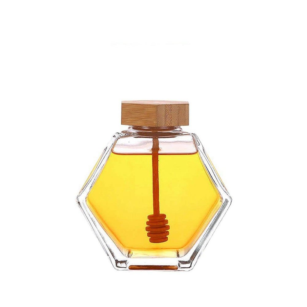 HomeLoft Basics Honey Pot Jars, Glass Honey Pot with Wooden Dipper and Cork Lid, Hexagon Shape Honey Container Dispenser Storage for Home, Kitchen(100ml), AM0XDM0AH5XUS