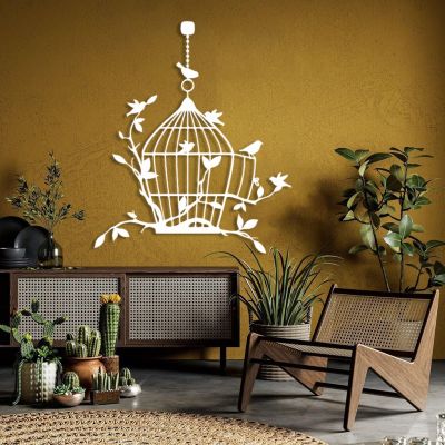Bird Cage Metal Wall Art, Metal Bird Wall Decor, Metal Branches Wall Decor, Birds on A Branch Wall Art, Cage and Birds Wall Art, Metal Wall Art for Garden Livingroom (41"x35" | 105x90 cm, White)