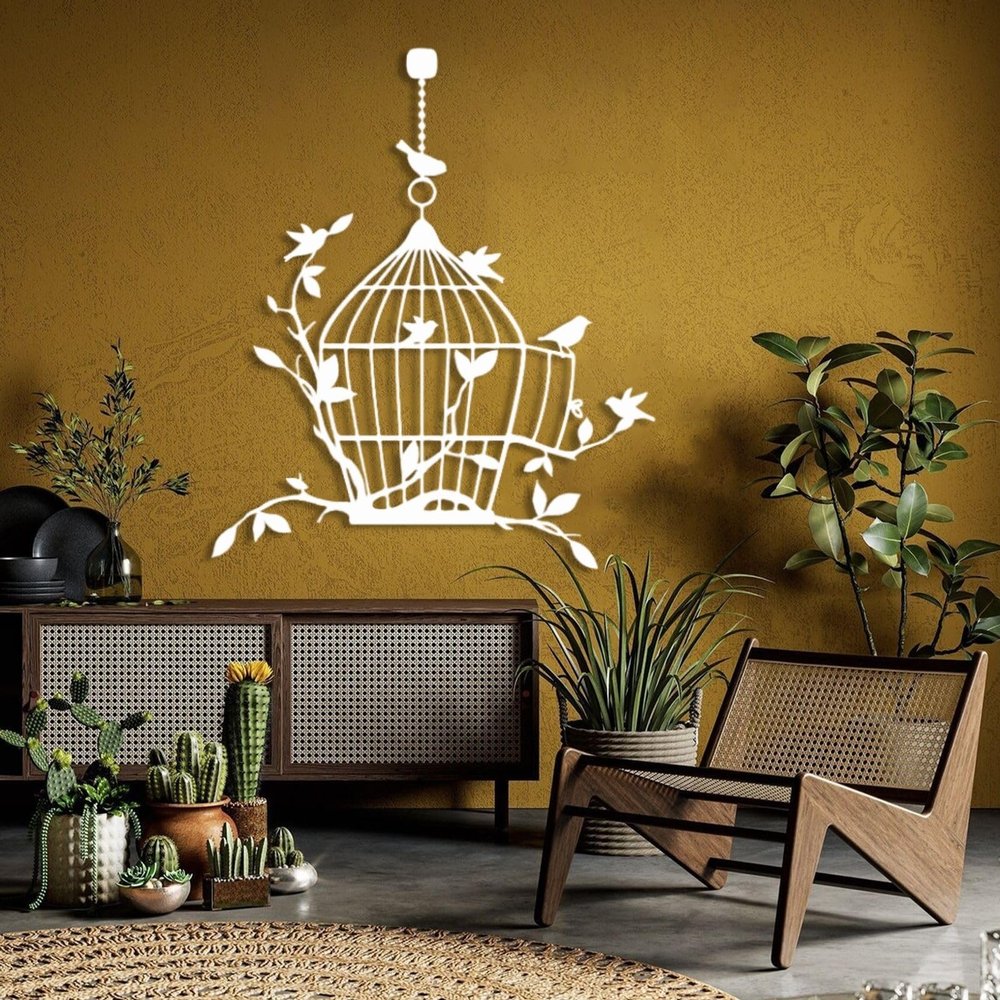 Bird Cage Metal Wall Art, Metal Bird Wall Decor, Metal Branches Wall Decor, Birds on A Branch Wall Art, Cage and Birds Wall Art, Metal Wall Art for Garden Livingroom (41"x35" | 105x90 cm, White)
