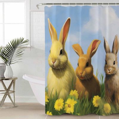 Double Love Country Easter RabbitsBathroom Curtain 72 Inch Shower Curtain with Hooks, Waterproof Polyester Bath Curtain Washable Bathtub Curtain Watercolor Floral Eggs Spring 48''x 72''