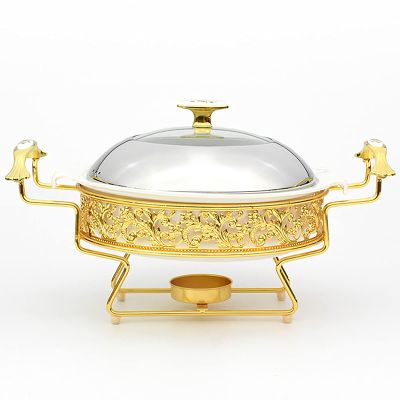 Golden Pattern Chafing Dish Buffet Set, Round Stainless Steel Chafer with Lid for Buffet Weddings Parties Banquets Catering Events, Chafer and Buffet Warmer Set (28Cm)