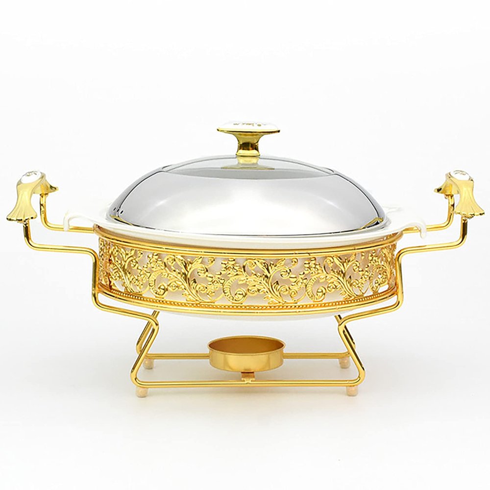 Golden Pattern Chafing Dish Buffet Set, Round Stainless Steel Chafer with Lid for Buffet Weddings Parties Banquets Catering Events, Chafer and Buffet Warmer Set (28Cm)