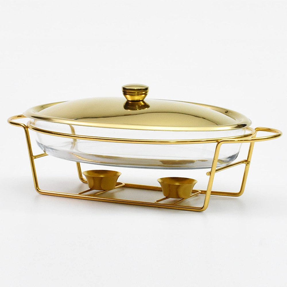 3L Oval Chafing Dish Buffet Set with Glass Pot and Stainless Steel Stand Perfect for Weddings,Parties,Banquets,and Catering Events (Gold)
