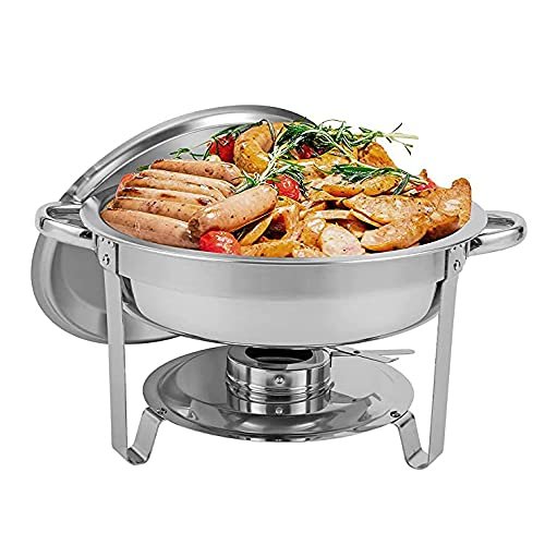 Round Chafing Dish 5 Quart Full Size Stainless Steel Chafer Dish Warmer Set with Food Pan, Water Pan, Fuel Holder and Dome Cover for Catering Party Buffet Warmer