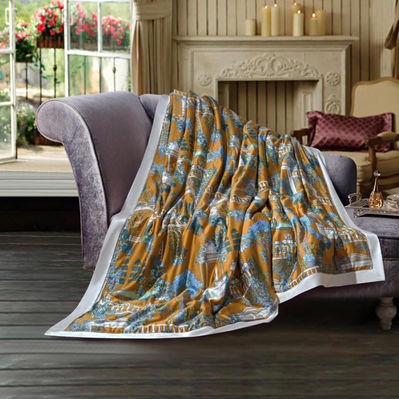 HAMMYKOTI Lyocell Tencel Thin Quilt Summer Air Condition Blanket Silky Soft Bedding Car Sofa Bedroom European Classical Architecture Castle Landscape Lightweight Comforter (Gold, Queen)