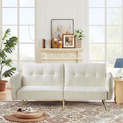 Anwick Velvet Convertible Futon Sofa Bed, Memory Foam Futon Couch Sleeper Sofa, Modern Loveseat Sofa with Adjustable Backrest and Armrests for Home Living Room Office (Beige-2)