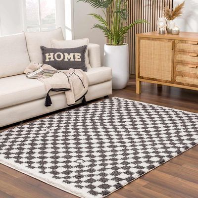 BoutiqueRugs Dark Gray Checkered Contemporary 6x9 Area Rug Shag Off White Kieu Living Room Bedroom Dining Room Home Office Apartment 6'7" x 9' Stain Resistant Non-Shedding Pet Friendly