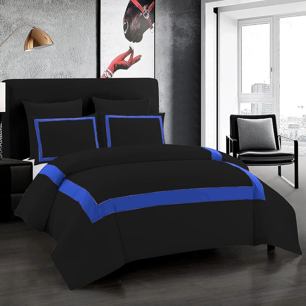 OnlineChoiceSheet 1 Piece Luxury Full Black and Royal Blue Border Line Pattern Closer Duvet Cover 100% Egyptian Cotton, 1000 Thread Count (King/Cal King -Size)