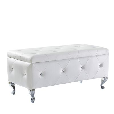 SOFTSEA Modern Silvery Legs Storage Ottoman,Flip Top Upholstered Ottoman Bench,Faux Leather End of Bed Footrest with Crystal Buttons for Living Room