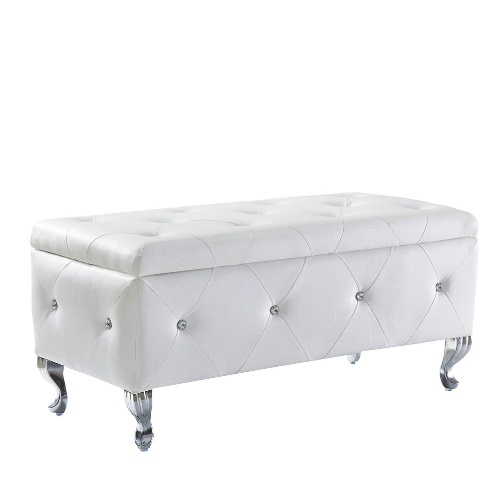 SOFTSEA Modern Silvery Legs Storage Ottoman,Flip Top Upholstered Ottoman Bench,Faux Leather End of Bed Footrest with Crystal Buttons for Living Room
