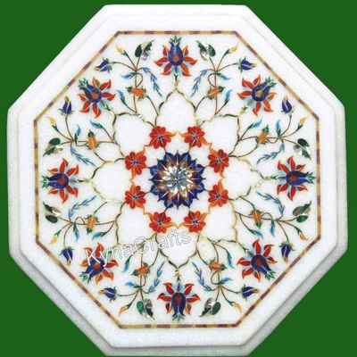 13 x 13 Inches Octagon Shape White Marble Coffee Table Top Multi Precious Stone Inlay Work Side Table from Indian Ancient Art and Crafts