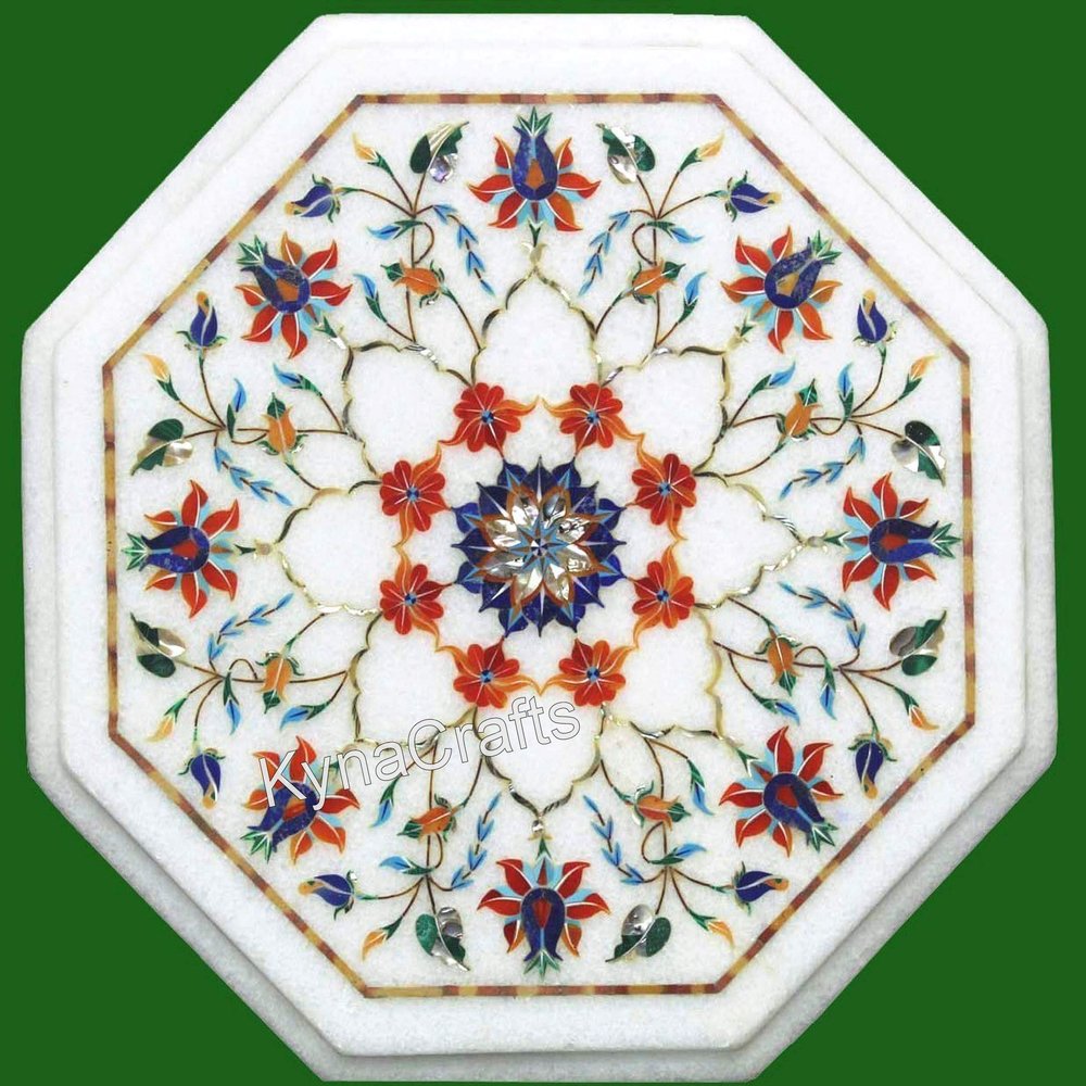 13 x 13 Inches Octagon Shape White Marble Coffee Table Top Multi Precious Stone Inlay Work Side Table from Indian Ancient Art and Crafts