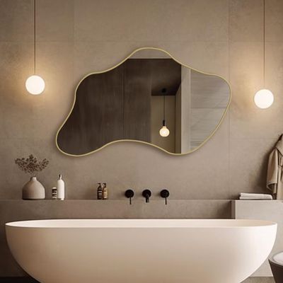 FAWdecor Large Amorphous Modern Mirror, Irregular Wood Framed Wall Mirror, Aesthetic Bathroom Mirror, Asymmetrical Wavy Mirror for Vanities (Brass, 80x130 cm | 31.5"x51.2")