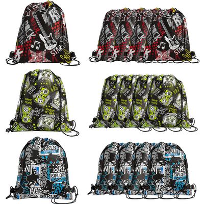 Fun Express Life on the Edge Gamer, Skater & Rocker Printed Drawstring Bags - 12 Pc