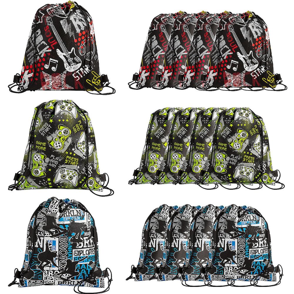 Fun Express Life on the Edge Gamer, Skater & Rocker Printed Drawstring Bags - 12 Pc