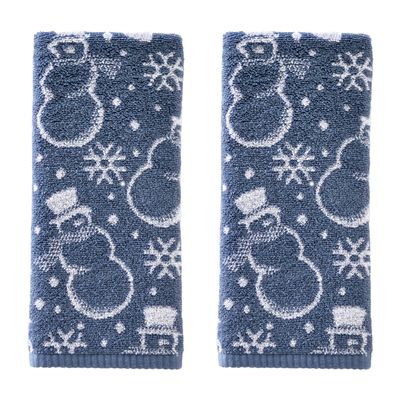 SKL Home Winter/Christmas Top Hat Snowmen Hand Towel 2pc Set for Bath/Kitchen/Bar & Gift, Blue
