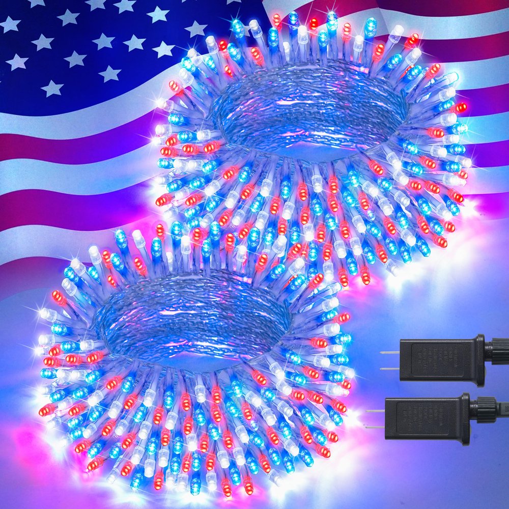 JMEXSUSS 2 Pack 100 LED Red White and Blue Lights, 33ft Connectable 4th of July Lights Outdoor, 8 Modes Patriotic String Lights Indoor for Independence Day 4th of July Memorial Day Holiday Decor