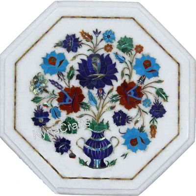 14 x 14 Inches Coffee Table Top Floral Pattern Inlay Work Octagonal Shape White Marble Patio Side Table for Garden Area Decor