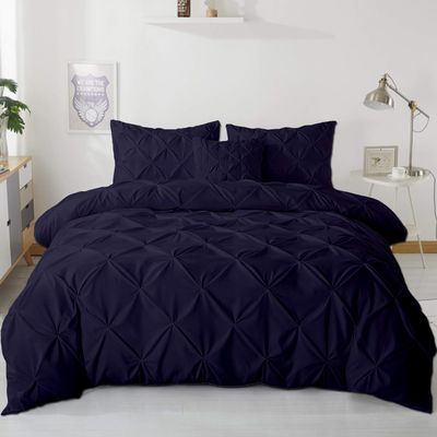 eBeddy Linens Pinch Pleated Pintuck Duvet Cover Set Alaskan King 132x120 Inch 100% Microfiber Soft and Breathable 3 Pieces Premium Comforter Cover Zipper Closure & Corner Ties Navy Blue